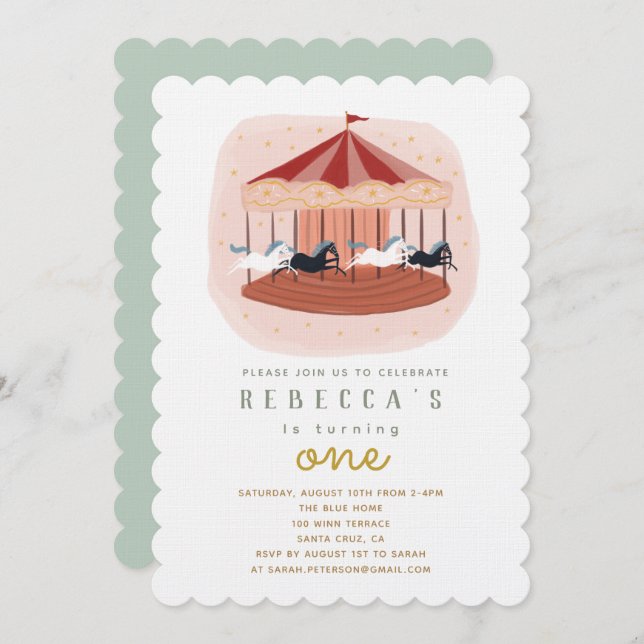 Watercolor Carousel First Birthday Invitation (Front/Back)