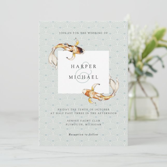 watercolor carp koi fish wedding invitation (Standing Front)