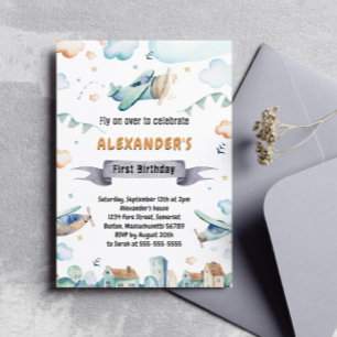 Watercolor Cartoon Aeroplanes Kids Birthday Invita Invitation