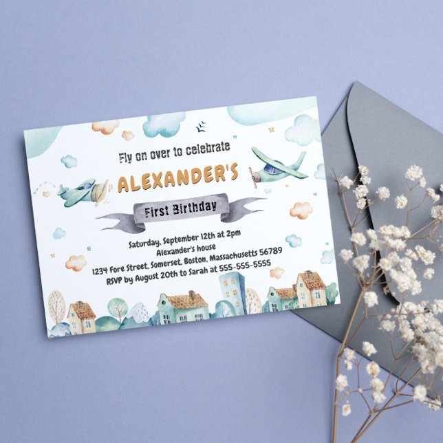 Watercolor Cartoon Aeroplanes Kids Birthday Invitation (Creator Uploaded)