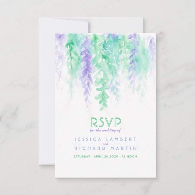 Watercolor cascading green purple wedding RSVP Card (Front)