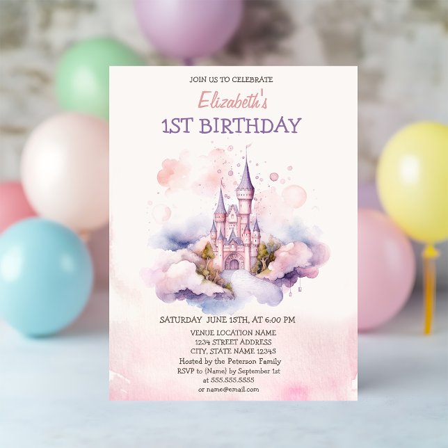 Watercolor Castle Clouds Fairytale Birthday  Invitation (Creator Uploaded)