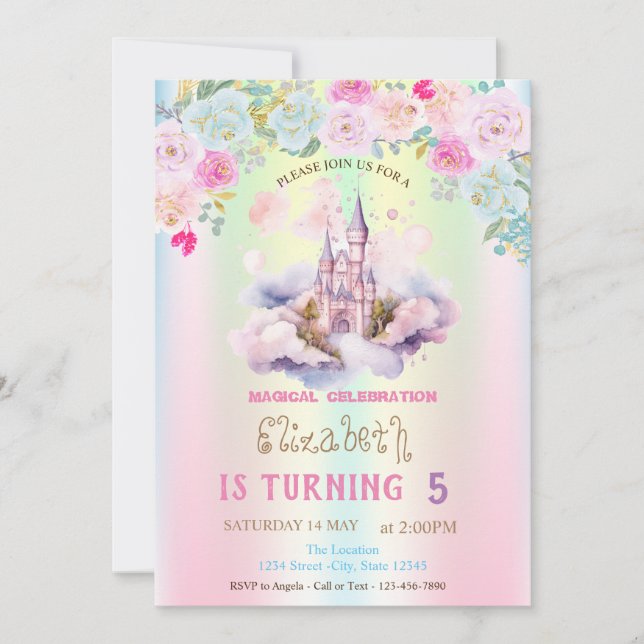 Watercolor Castle FIowers Iridescent  Birthday  Invitation (Front)
