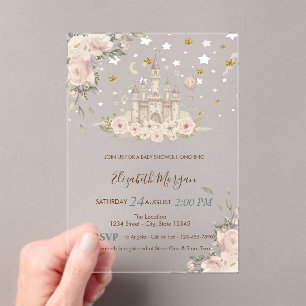 Watercolor Castle,Flowers,Gold Stars Baby Shower Acrylic Invitations