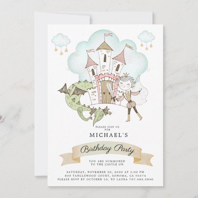 Watercolor Castle Prince Dragon Birthday   Invitation (Front)