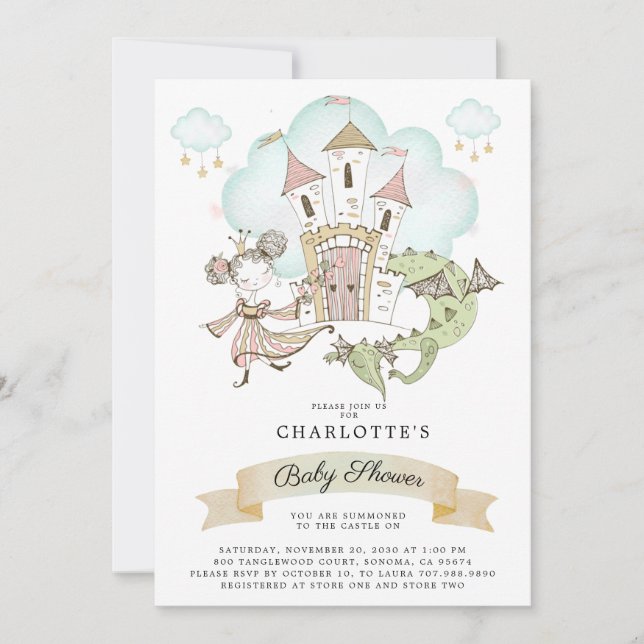 Watercolor Castle Princess Dragon Baby Shower Invitation (Front)