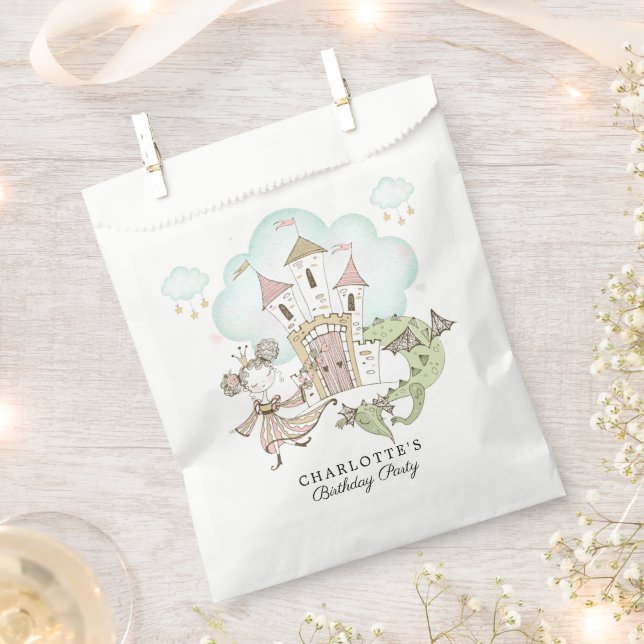 Watercolor Castle Princess Dragon Girl's Birthday Favour Bag (Clipped)