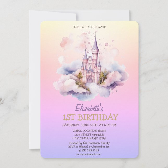 Watercolor Castle Princess Ombre Birthday Invitation (Front)