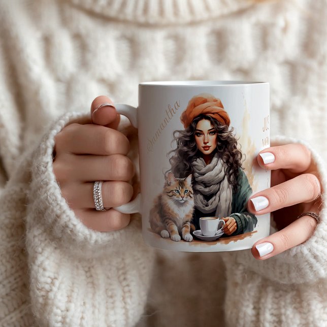 Watercolor Cat and Coffee Lady Personalised Name Coffee Mug (Creator Uploaded)