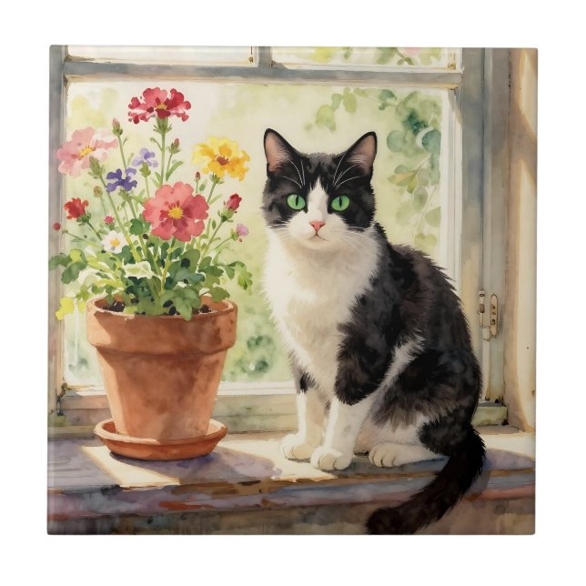 Watercolor Cat and Flowers on Window Sill Ceramic Tile (Front)