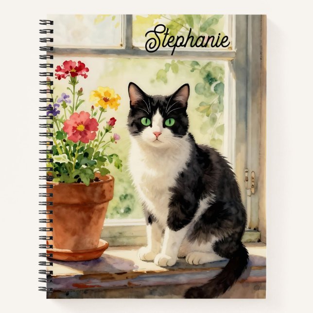 Watercolor Cat and Flowers on Window Sill   Notebook (Front)