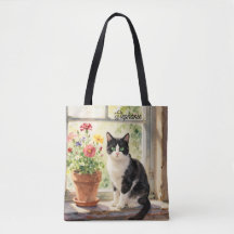 Watercolor Cat and Flowers on Window Sill