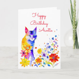 Watercolor Cat and Flowers Personalised Birthday Card