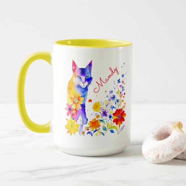 Watercolor Cat and Flowers Personalised Mug (With Donut)