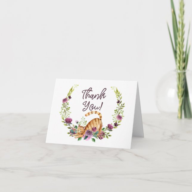 Watercolor Cat and Flowers Thank You Card (Front)