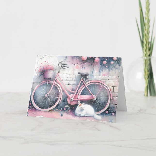 Watercolor Cat and Pink Bike Birthday Card (Front)