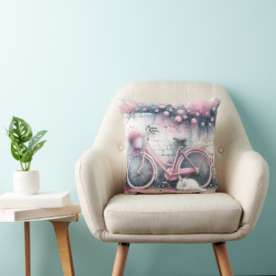 Watercolor Cat and Pink Bike Cushion