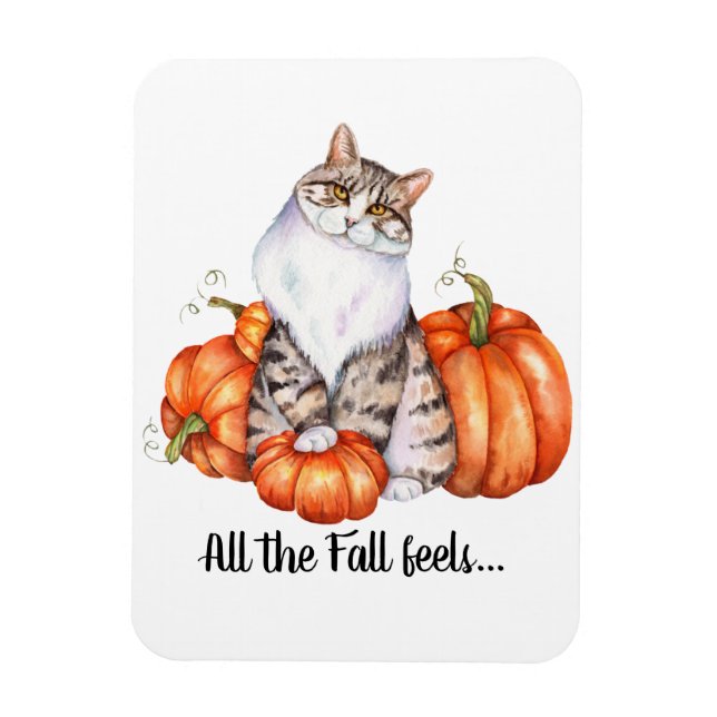 Watercolor Cat and Pumpkins Fall Feels Magnet (Vertical)