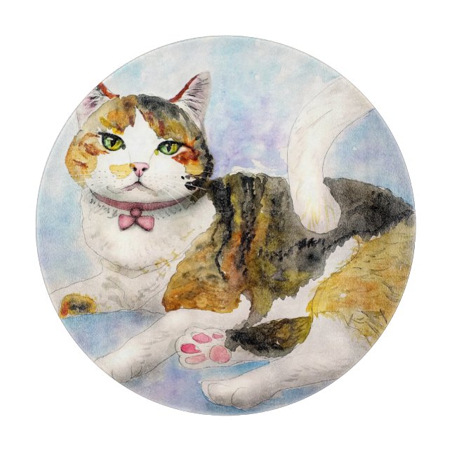 Watercolor Cat Cutting Board (Front)