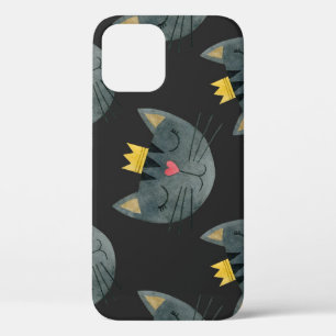 Watercolor cat faces, black seamless. iPhone 12 case