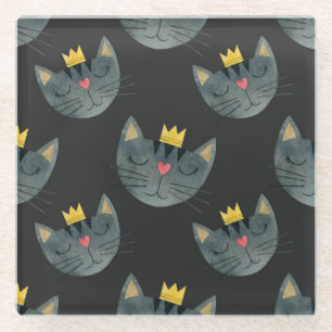 Watercolor cat faces, black seamless. glass coaster