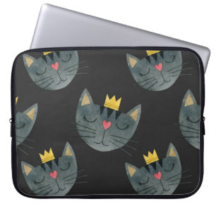 Watercolor cat faces, black seamless. laptop sleeve