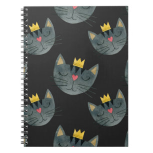 Watercolor cat faces, black seamless. notebook