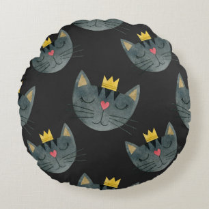 Watercolor cat faces, black seamless. round cushion