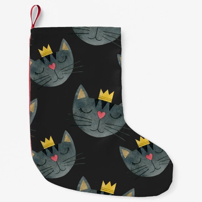 Watercolor cat faces, black seamless. small christmas stocking (Front)