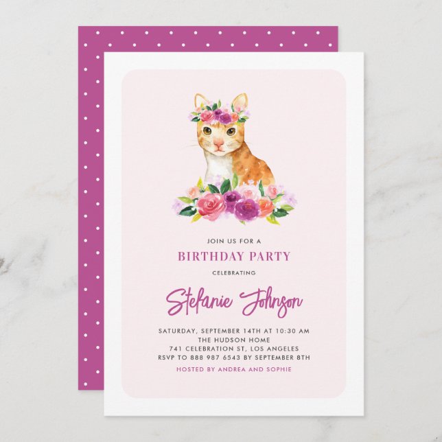 Watercolor Cat Floral Kids Birthday Invitation (Front/Back)