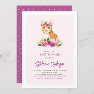 Watercolor Cat Floral Pink Baby Shower Invitation