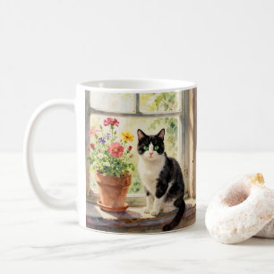 Watercolor Cat, Flowers and Poem Coffee Mug