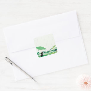 Watercolor Cat Frog In the Rain Square Sticker