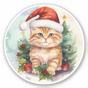 Watercolor Cat, Holly Berries And Christmas Tree