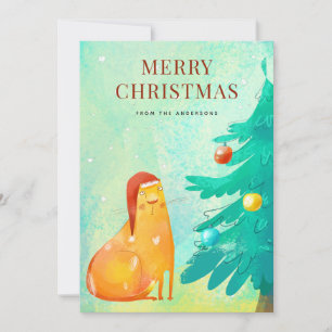 Watercolor Cat In a Hat Tree Merry Christmas Card