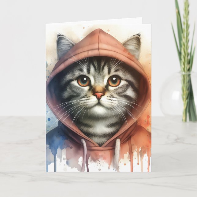 Watercolor Cat in Colourful Hoodie Splash Art Blan Card (Front)