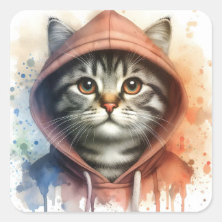 Watercolor Cat in Colourful Hoodie Splash Art Square Sticker