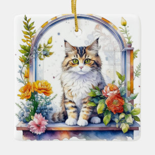 Watercolor Cat in Floral Window Personalised Ceramic Ornament