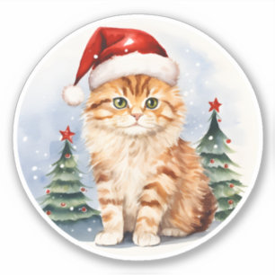 Watercolor Cat In Santa Hat And Christmas Tree