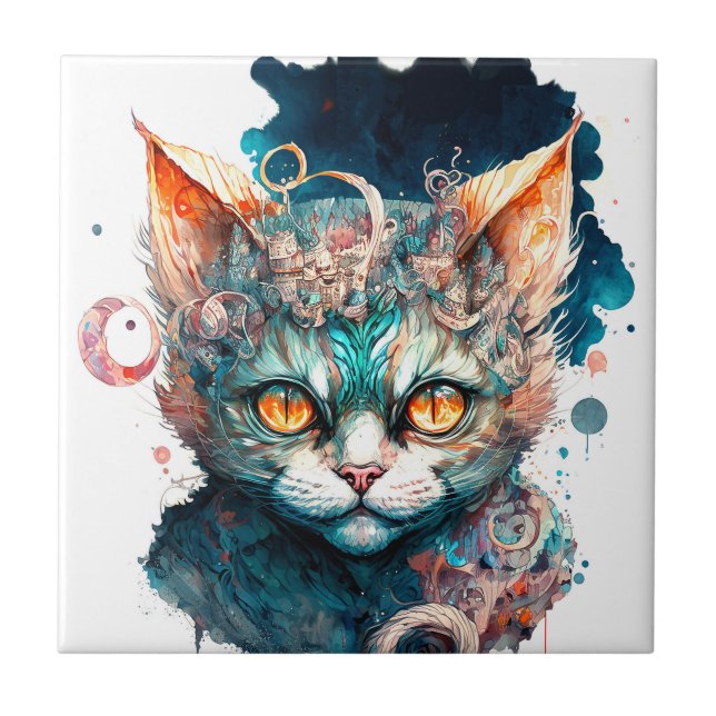 Watercolor cat in steampunk style ceramic tile (Front)