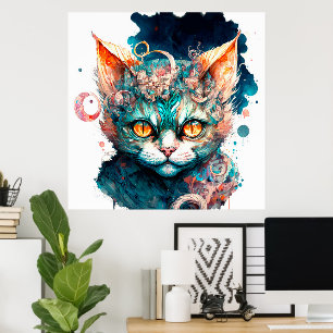 Watercolor cat in steampunk style  poster