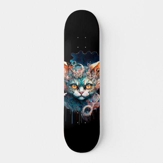 Watercolor cat in steampunk style  skateboard (Front)