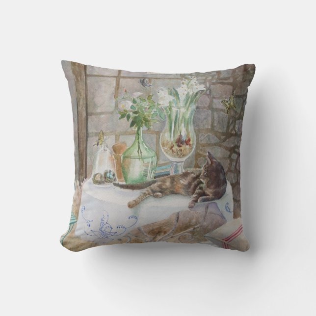 Watercolor Cat in the Farm Cushion (Front)