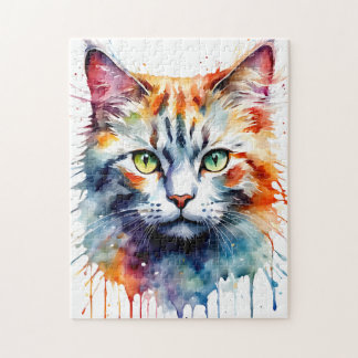 Watercolor Cat Multicolor Splash art Jigsaw Puzzle