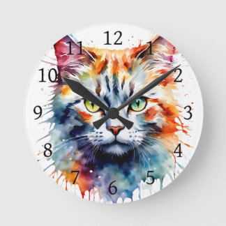 Watercolor Cat Multicolor Splash art Round Clock