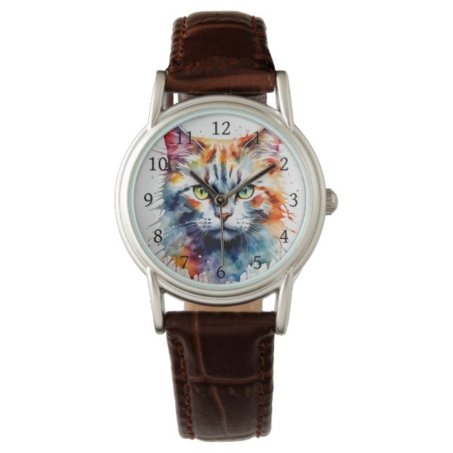 Watercolor Cat Multicolor Splash art Watch (Front)