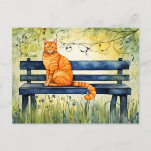 Watercolor Cat on Park Bench Postcard