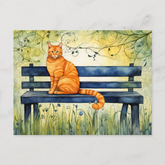 Watercolor Cat on Park Bench Postcard