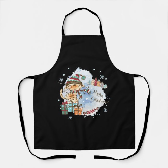 Watercolor Cat On Presents Christmas   Apron (Front)