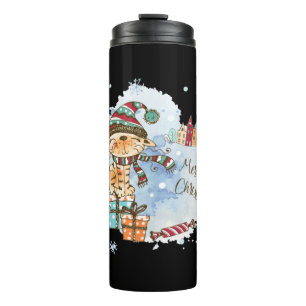 Watercolor Cat On Presents Christmas Thermal Tumbler